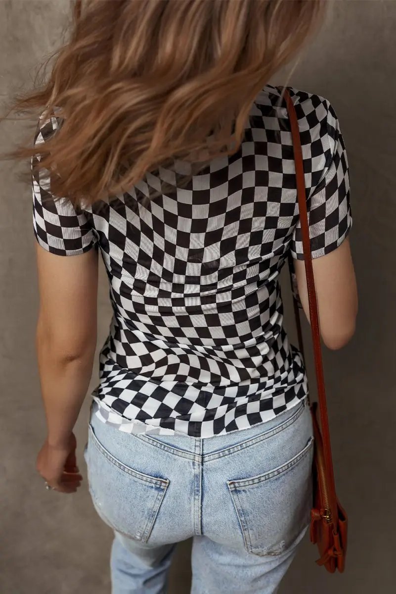 Black Checker Mesh Crew Neck T Shirt for Women Fashion - Love Salve